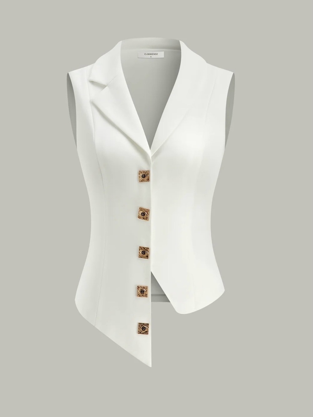 Commense White Asymmetric Sleeveless Button Front Vest with Gold Accents